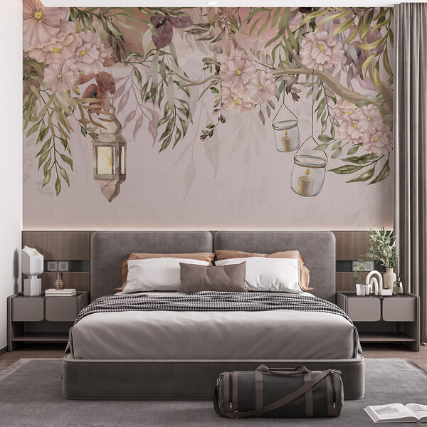 Des lanternes et des fleurs créent une scène de rêve Papier peint Des lanternes et des fleurs créent une scène de rêve