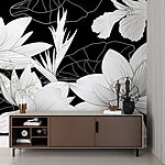 Papier peint Élégant motif floral noir et blanc.