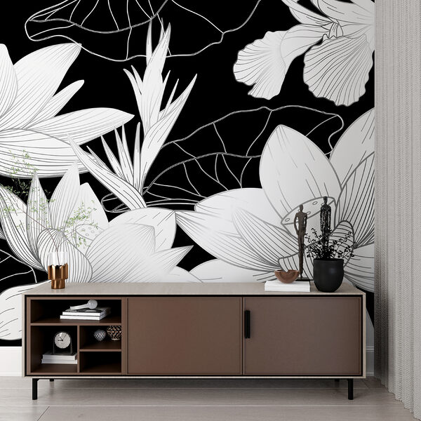 Papier peint Élégant motif floral noir et blanc