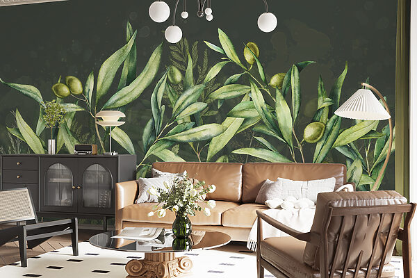 Papier peint Branches d'olivier avec des feuilles vertes luxuriantes