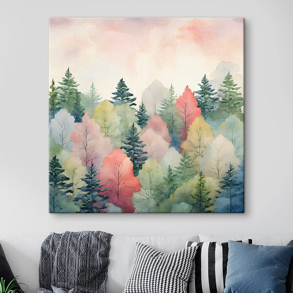 Forêt colorée représentée à l'aquarelle Tableaux Forêt colorée représentée à l'aquarelle