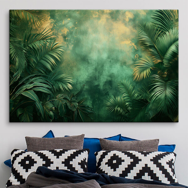 Feuilles tropicales luxuriantes sur fond peint Tableaux Feuilles tropicales luxuriantes sur fond peint
