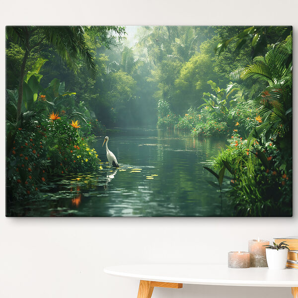 Rivière sereine dans la jungle avec un héron Tableaux Rivière sereine dans la jungle avec un héron