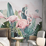 Papier peint Groupe de flamants roses et de feuilles