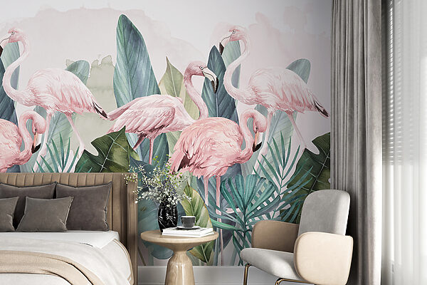 Groupe de flamants roses et de feuilles Papier peint Groupe de flamants roses et de feuilles