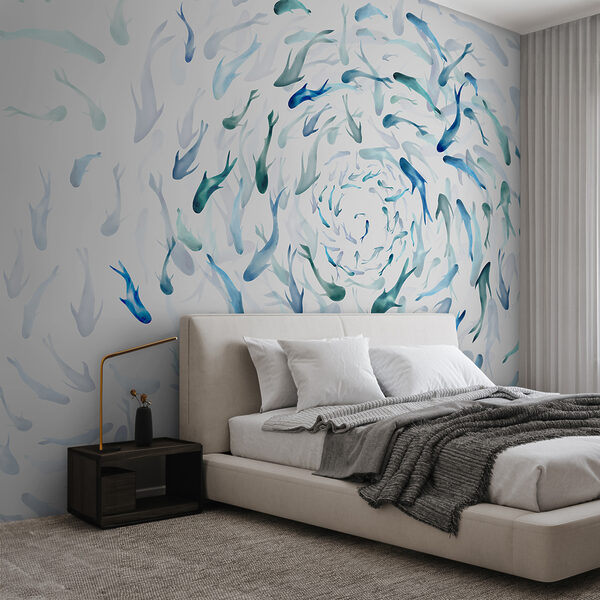 Groupe de poissons nageant en spirale Papier peint Groupe de poissons nageant en spirale