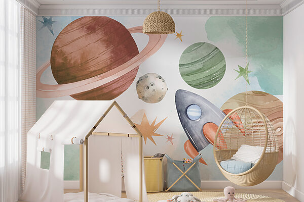 Fusée passant devant des planètes colorées Papier peint Fusée passant devant des planètes colorées