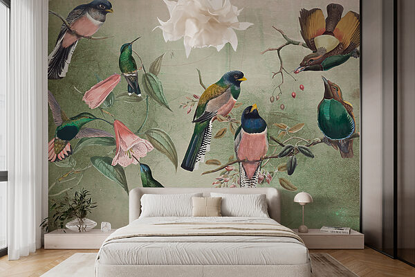 Groupe d'oiseaux sur une branche Papier peint Groupe d'oiseaux sur une branche