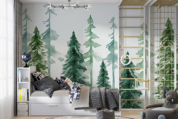 Forêt d'arbres à feuilles persistantes dans des tons d'aquarelle Papier peint Forêt d'arbres à feuilles persistantes dans des tons d'aquarelle
