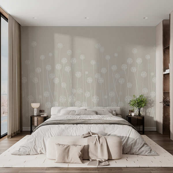Papier peint Fleurs blanches sur fond gris