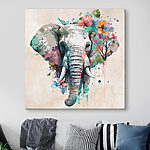 Tableaux Éléphant entouré de fleurs colorées.