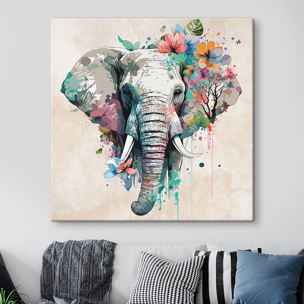 Éléphant entouré de fleurs colorées Tableaux Éléphant entouré de fleurs colorées