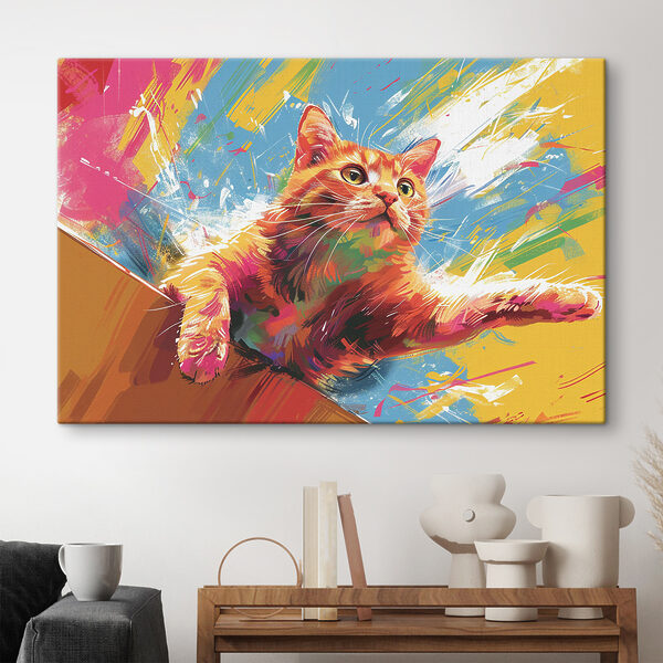 Un chat coloré saute à travers les éclaboussures Tableaux Un chat coloré saute à travers les éclaboussures