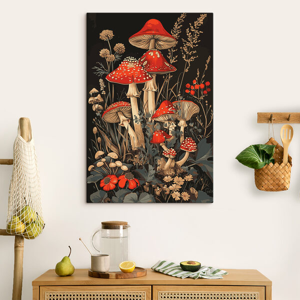 Champignons à tête rouge dans un décor floral Tableaux Champignons à tête rouge dans un décor floral