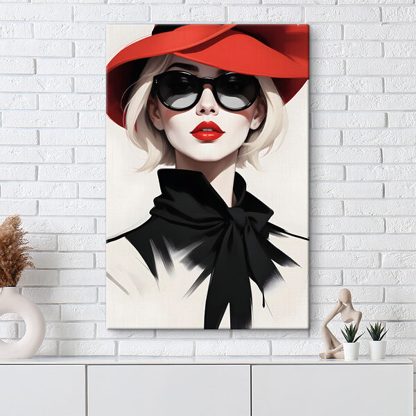 Femme portant un chapeau rouge et des lunettes de soleil Tableaux Femme portant un chapeau rouge et des lunettes de soleil