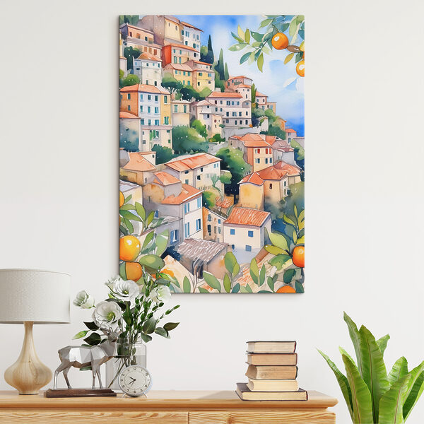 Village coloré à flanc de colline et verdure Tableaux Village coloré à flanc de colline et verdure