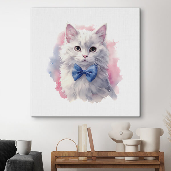 Chat blanc portant un nœud papillon bleu Tableaux Chat blanc portant un nœud papillon bleu
