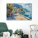 Tableaux Village de bord de mer avec des bateaux et du soleil.