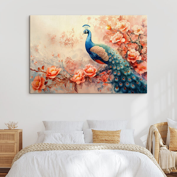 Paon majestueux au milieu de fleurs éclatantes Tableaux Paon majestueux au milieu de fleurs éclatantes