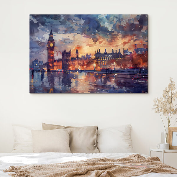 Big Ben au crépuscule, scène aquarellée Tableaux Big Ben au crépuscule, scène aquarellée