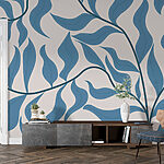 Papier peint Feuilles bleues sur fond blanc