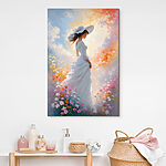 Tableaux Femme en robe blanche parmi les fleurs.