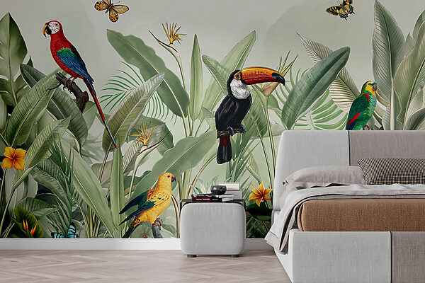Oiseaux vibrants dans une scène de jungle luxuriante Papier peint Oiseaux vibrants dans une scène de jungle luxuriante