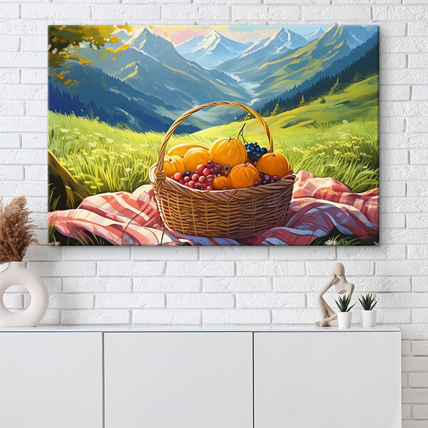 Corbeille de fruits sur une couverture Tableaux Corbeille de fruits sur une couverture