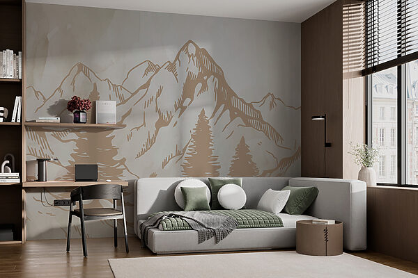 Papier peint Papier peint Dessin de montagnes et d'arbres (UGS : w00665)