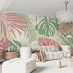 Papier peint Motif de feuilles tropicales dans les tons pastel.