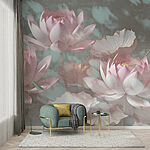 Papier peint Fleurs de lotus pastel au milieu de feuilles.