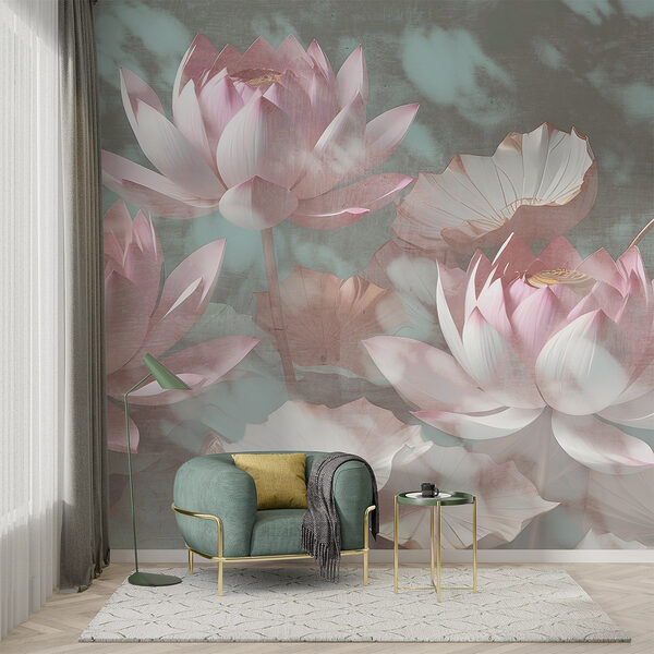 Fleurs de lotus pastel au milieu de feuilles Papier peint Fleurs de lotus pastel au milieu de feuilles