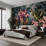 Papier peint Jungle luxuriante avec des fleurs d'un rose éclatant.