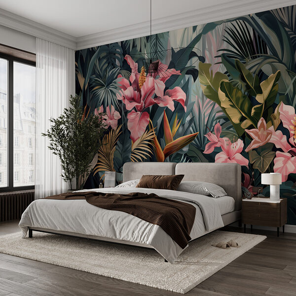 Jungle luxuriante avec des fleurs d'un rose éclatant Papier peint Jungle luxuriante avec des fleurs d'un rose éclatant