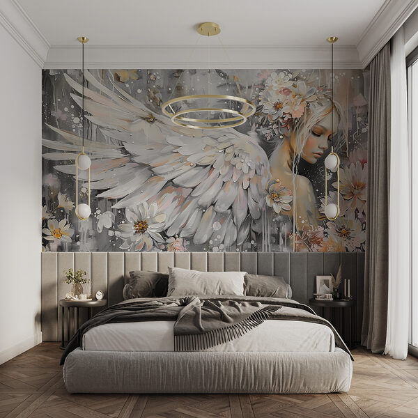 Peinture d'une femme avec des ailes et des fleurs Papier peint Peinture d'une femme avec des ailes et des fleurs