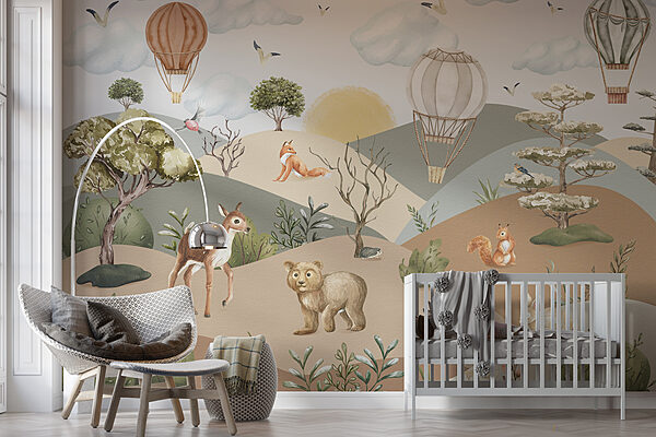 Paysage avec animaux et montgolfières Papier peint Paysage avec animaux et montgolfières
