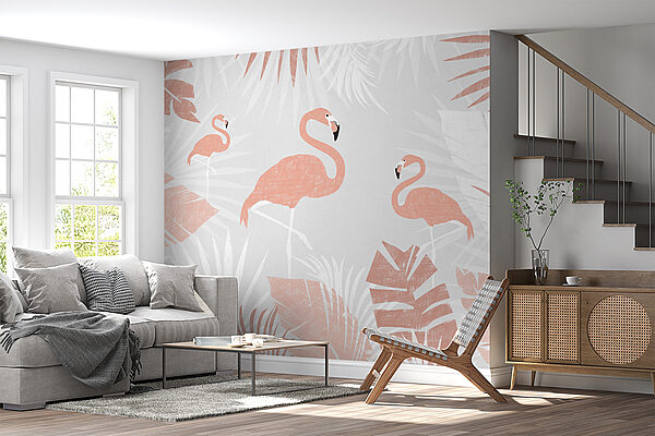 Motif de flamants roses parmi des feuilles tropicales Papier peint Motif de flamants roses parmi des feuilles tropicales