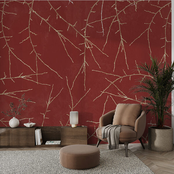 Motif de branches sur fond rouge Papier peint Motif de branches sur fond rouge