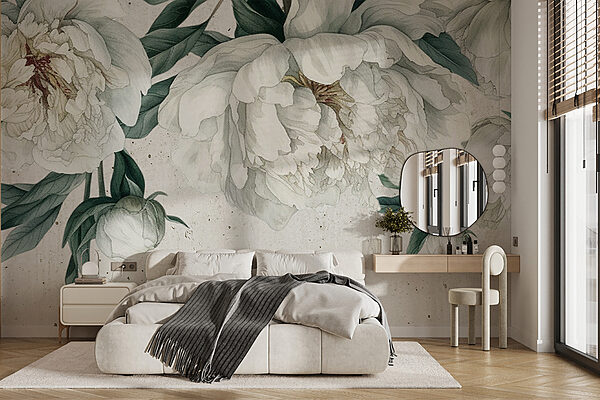 Pivoines blanches avec des feuilles vertes luxuriantes Papier peint Pivoines blanches avec des feuilles vertes luxuriantes