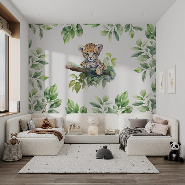 Aquarelle d'un bébé léopard sur une branche d'arbre Papier peint Aquarelle d'un bébé léopard sur une branche d'arbre