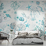 Papier peint Coquillages et feuillage en bleu tendre