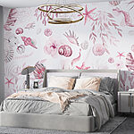 Papier peint Coquillages et feuilles en harmonie rose