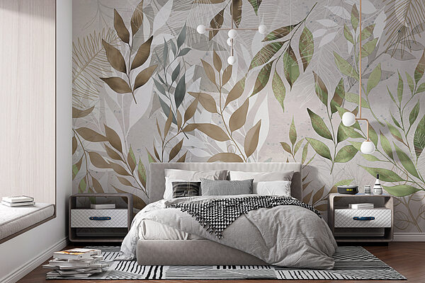 Branches feuillues dans un motif délicat Papier peint Branches feuillues dans un motif délicat