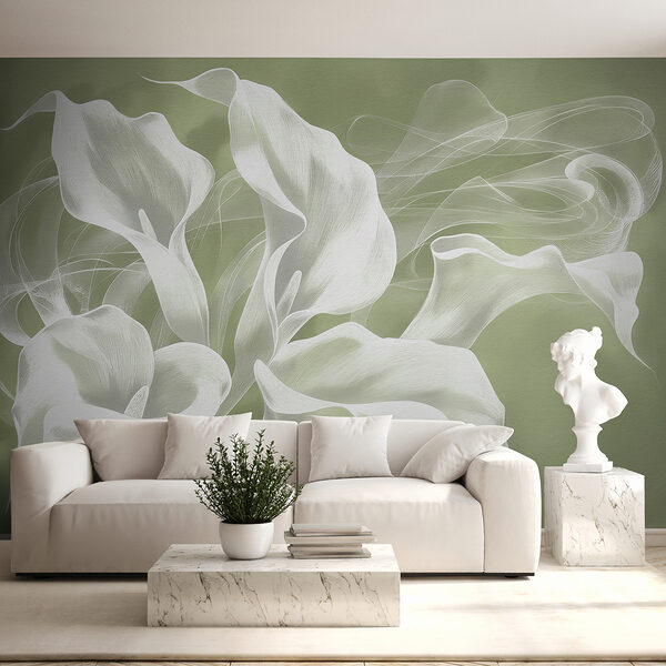 Délicats lys calla blancs sur fond vert Papier peint Délicats lys calla blancs sur fond vert