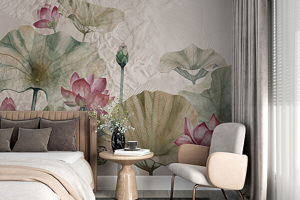 Illustration de fleurs et de feuilles de lotus Papier peint Illustration de fleurs et de feuilles de lotus