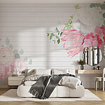 Papier peint Fleurs blanches et roses sur fond blanc