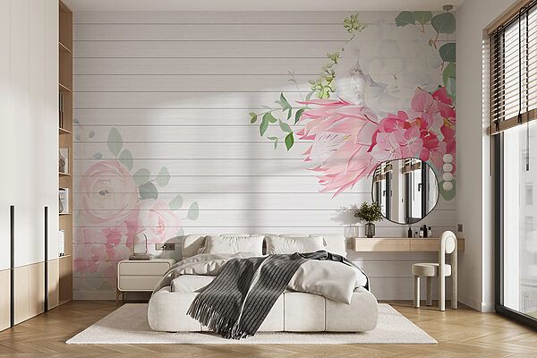 Fleurs blanches et roses sur fond blanc Papier peint Fleurs blanches et roses sur fond blanc