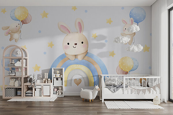 Papier peint Lapin de dessin animé sur un arc-en-ciel