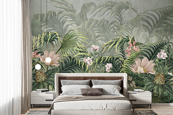 Papier peint avec des fleurs et des feuilles Papier peint Papier peint avec des fleurs et des feuilles