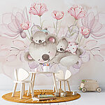 Papier peint Illustration à l'aquarelle d'un couple de koalas et de fleurs
